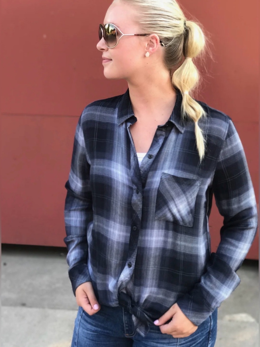 Rails Hunter Midnight Storm flannel button down shirt plaid rayon blue navy XS